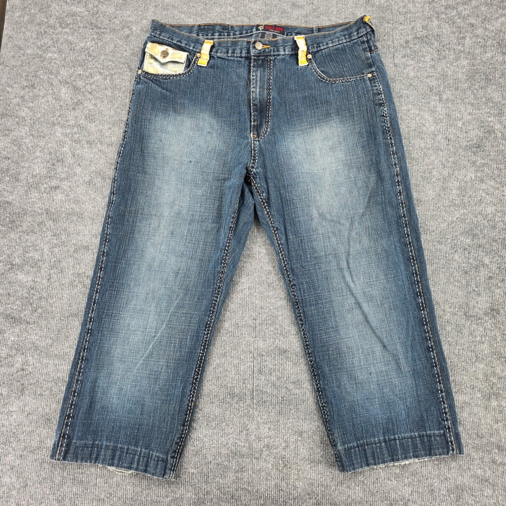 Red Ape Jeans Company Mens 40 Baggy Denim Shorts Blue Gold Foil Y2K Streetwear